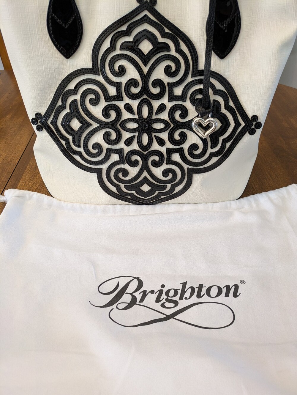 Brighton Starla Medallion White Leather Black Patent Leather Handbag With Heart